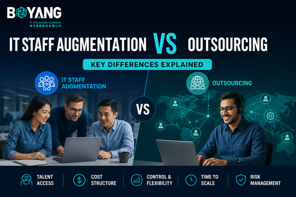 IT staff augmentation vs outsourcing comparison showing key differences in cost control flexibility and scalability