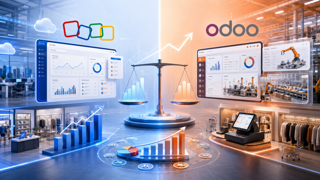Split-screen comparison of Zoho and Odoo ERP platforms in 2026 showing cloud SaaS dashboards, manufacturing workflows, retail systems, and ROI analytics in a modern business technology concept