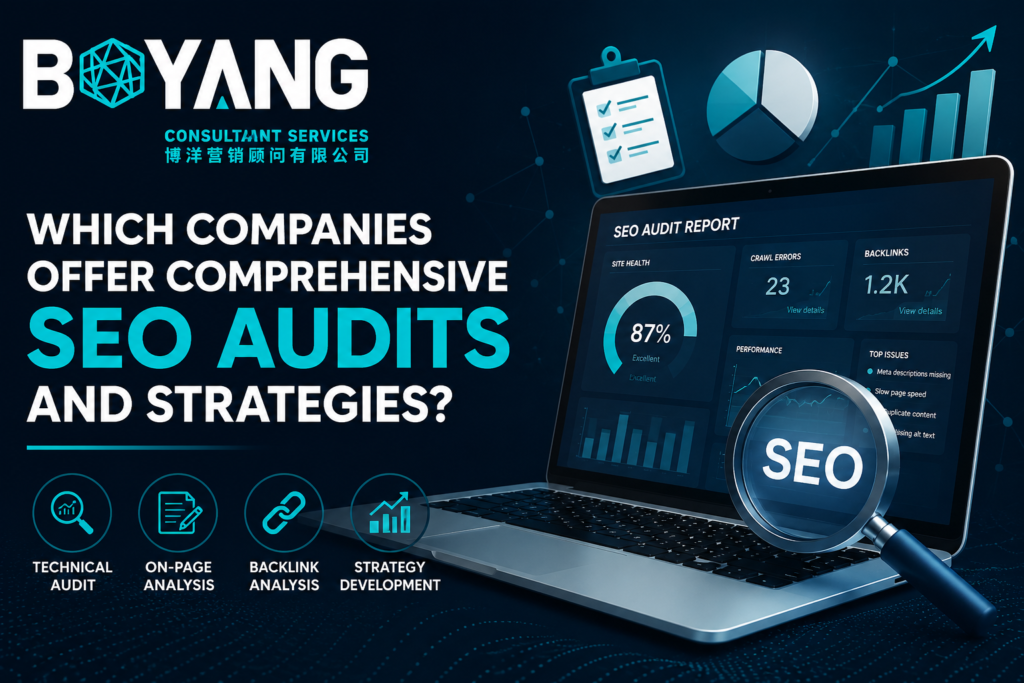 Which companies offer comprehensive SEO audits and strategies by BoyangCS showing technical SEO audit dashboard and optimization services.