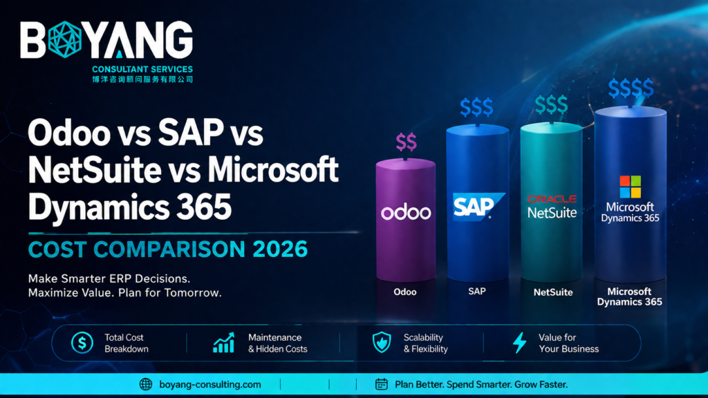 Odoo vs SAP vs NetSuite vs Microsoft Dynamics 365 cost comparison 2026 showing ERP pricing, implementation costs, and business value.